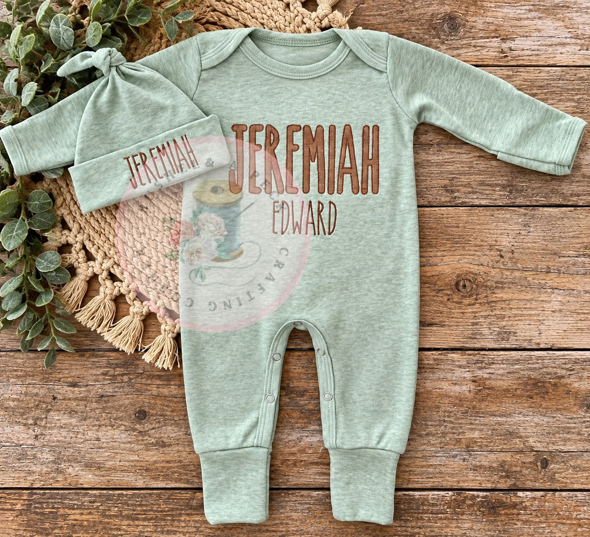 Light Sage Embroidered Faux-Burlap Convertible Romper/ Long-Short Sleeved Bubble (Spelled out applique style)
