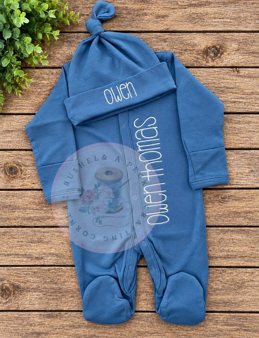 Slate Blue Button-Up Sleeper/Hat Set