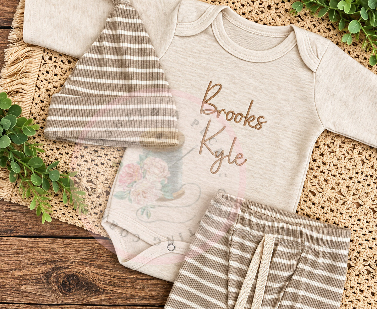 Embroidered Oatmeal Onesie/Beige Pants/& Hat or Bow Set