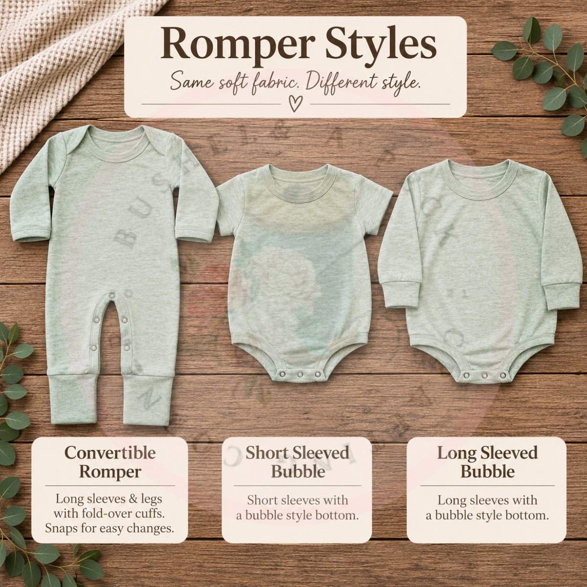 Light Sage Embroidered Faux-Burlap Convertible Romper/ Long-Short Sleeved Bubble (Spelled out applique style)
