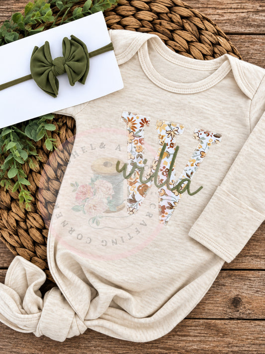 Oatmeal Knotted Gown with Blooming Wildflowers Applique "Initial Applique"