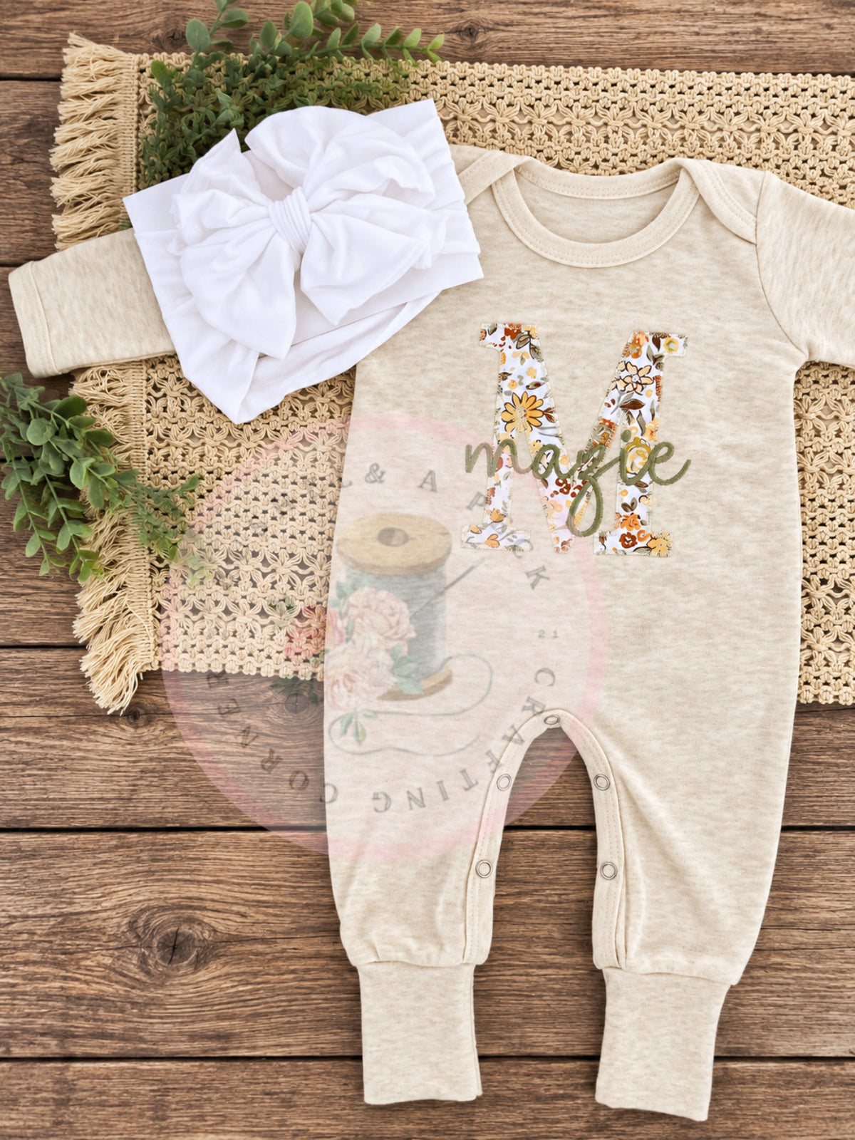Oatmeal Convertible Romper/Long & Short Sleeved Bubbles/ With Blooming Wildflowers Applique "Initial Style"
