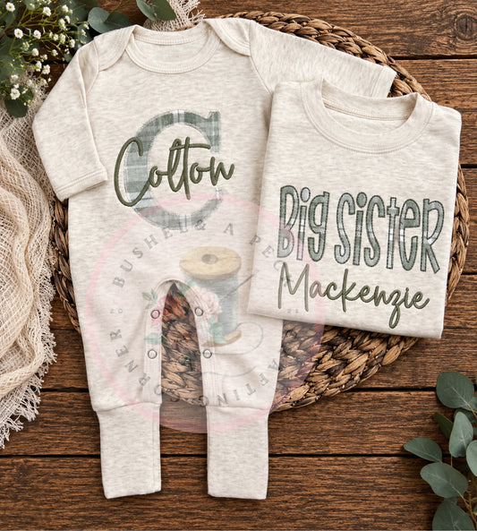 Sage Plaid Applique Long & Short Sleeved Tshirts (Initial Style/Sibling Style)