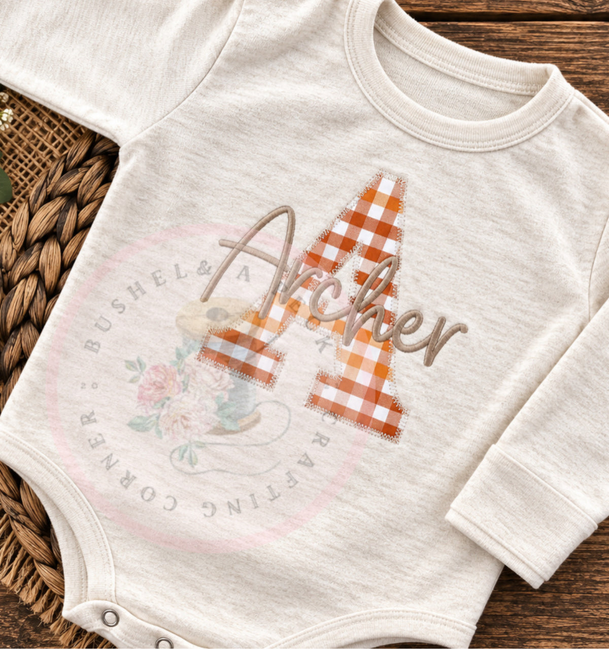 Fall Plaid Initial Style Applique Convertible Rompers & Long/Short-sleeved bubbles