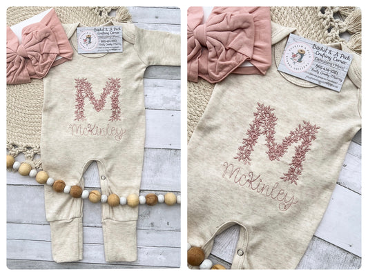 Mauve Floral Initial Convertible Romper/Bow Set