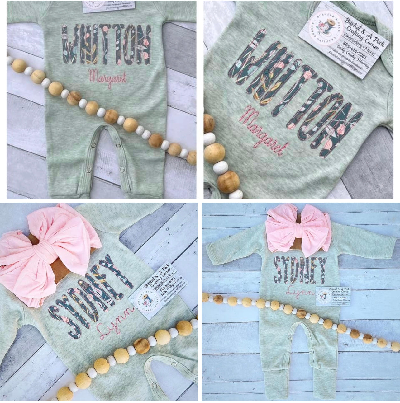 Light Sage/Teal Floral Appliqué Name Romper/Bow Set