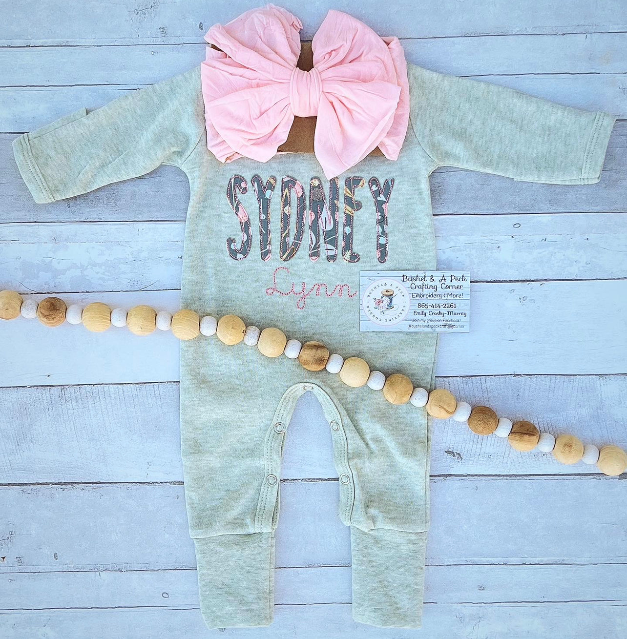 Light Sage/Teal Floral Appliqué Name Romper/Bow Set