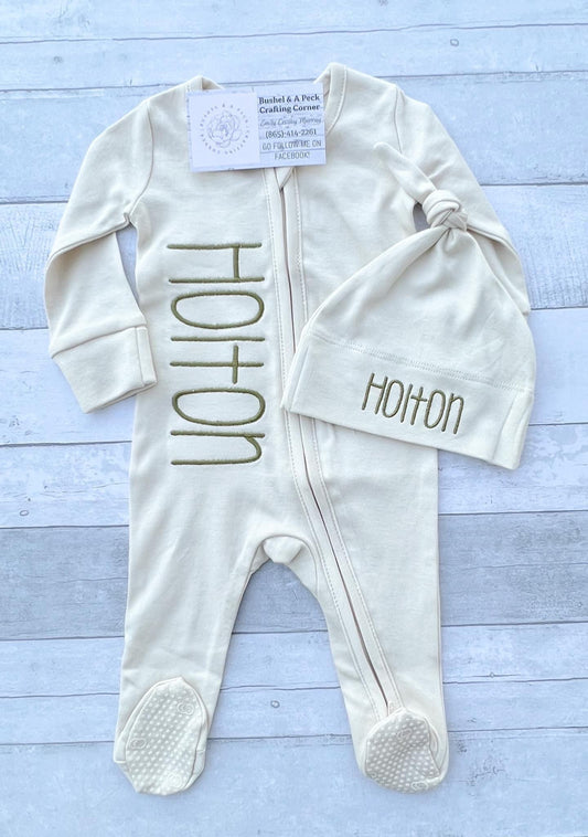 Cream Organic Zip-Up Footie/Hat Set