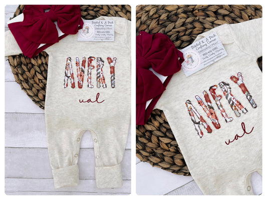 Oatmeal Convertible Romper/Bow Set with Maroon Floral Applique