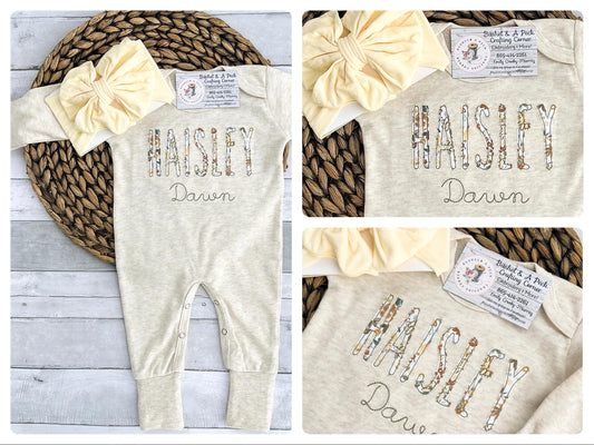Blooming Wildflowers Oatmeal Convertible Romper (Spelled Out Name Applique)