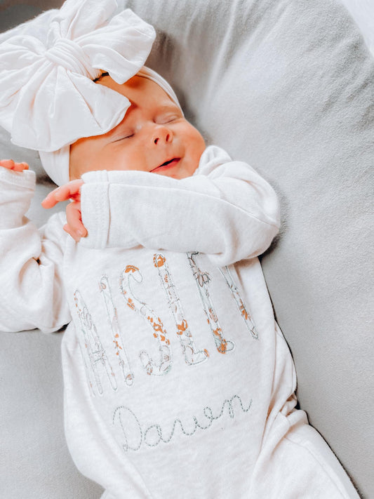 Blooming Wildflowers Oatmeal Convertible Romper (Spelled Out Name Applique)