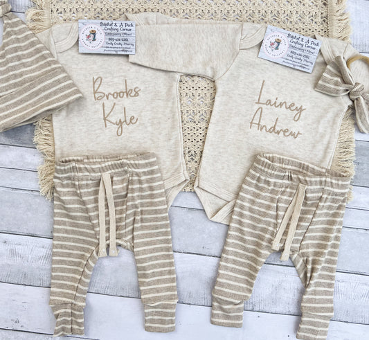 Embroidered Oatmeal Onesie/Beige Pants/& Hat or Bow Set
