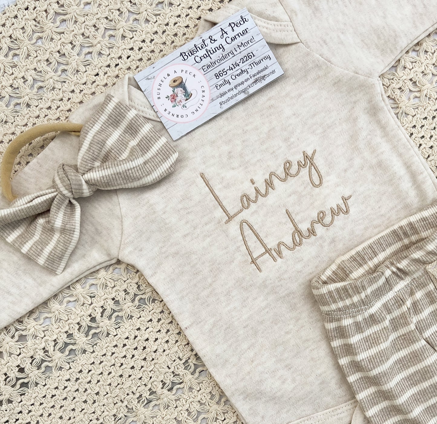 Embroidered Oatmeal Onesie/Beige Pants/& Hat or Bow Set