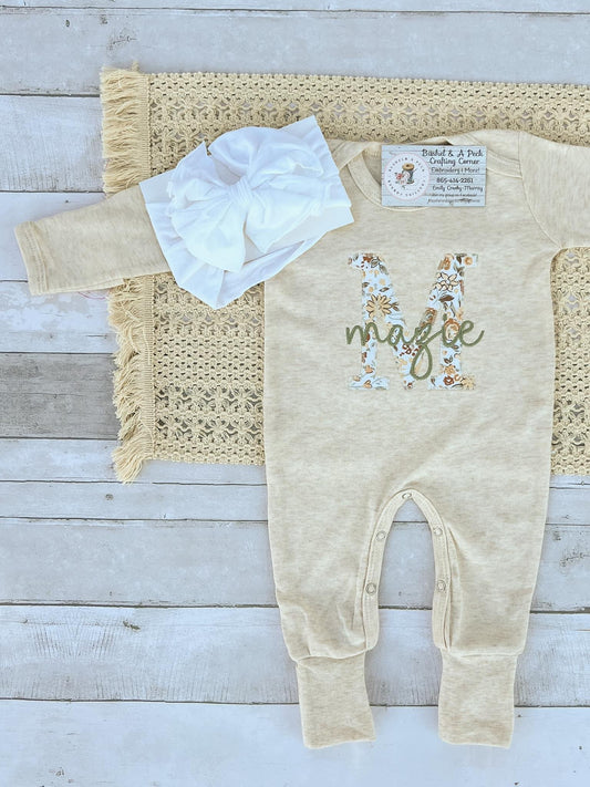 Oatmeal Convertible Romper With Blooming Wildflowers Applique "Initial Style"