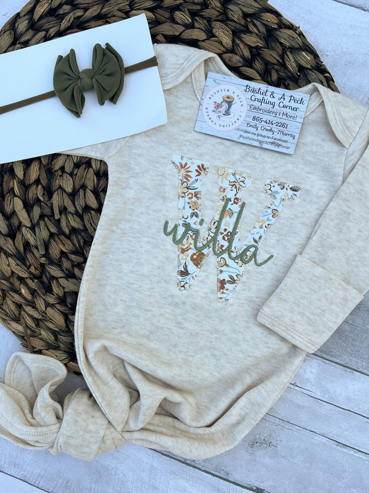 Oatmeal Knotted Gown with Blooming Wildflowers Applique "Initial Applique"
