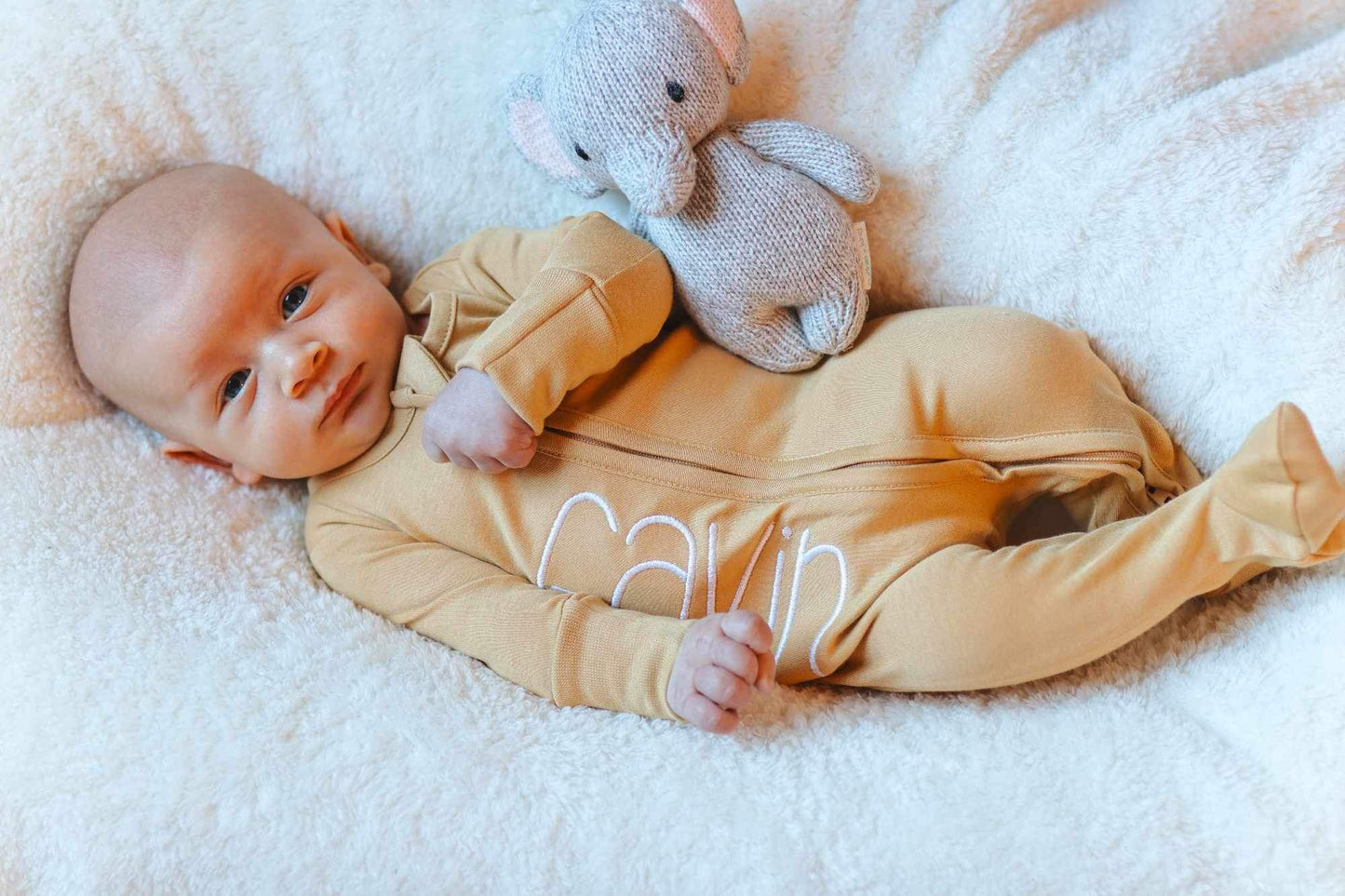 "Honey" Zip-up Organic cotton footie/Hat Set