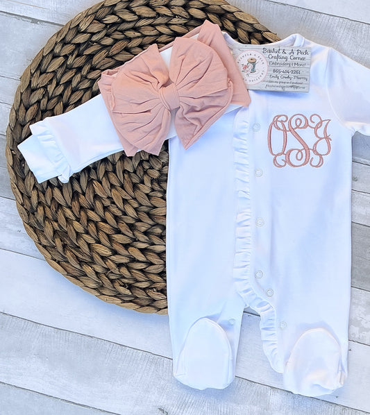 White Ruffle Monogram Footie/Matching Mauve Bow Set