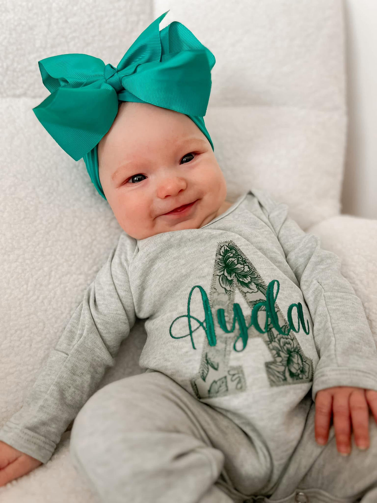 Heathered Sage Convertible Romper/Long & Short Sleeved Bubble Emerald Floral Applique (Initial Style)