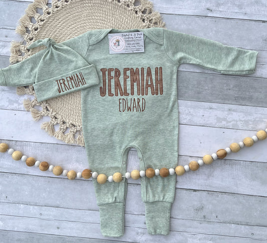 Light Sage Embroidered Faux-Burlap Romper/Hat Set