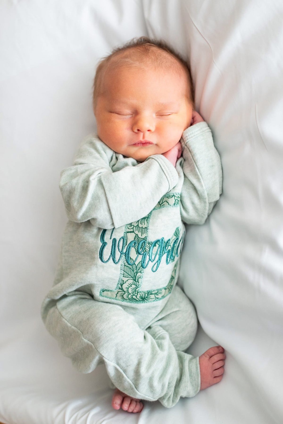 Heathered Sage Convertible Romper/Long & Short Sleeved Bubble Emerald Floral Applique (Initial Style)