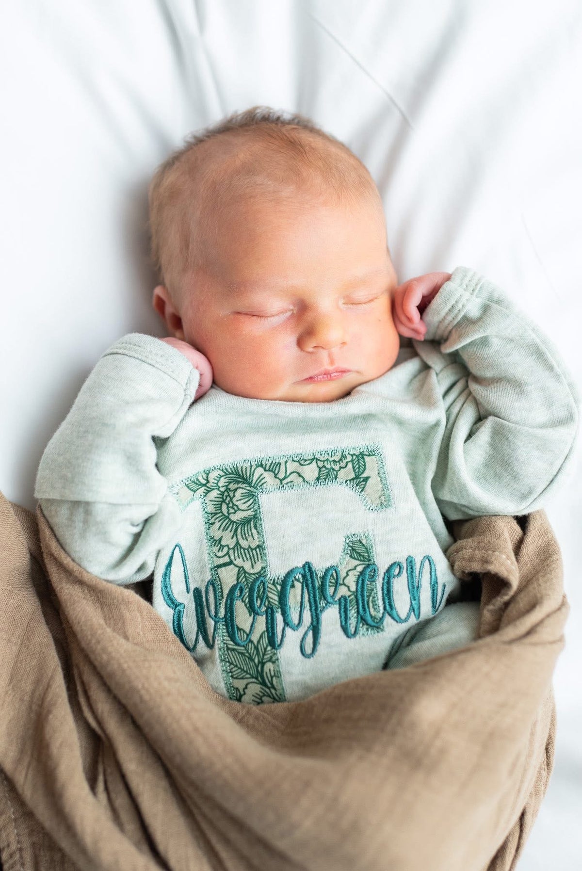 Heathered Sage Convertible Romper/Long & Short Sleeved Bubble Emerald Floral Applique (Initial Style)