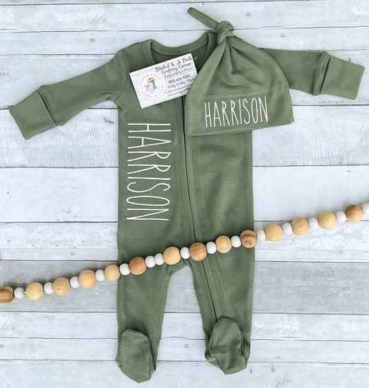 Sage Green Organic Zip-Up Footie/Hat Set
