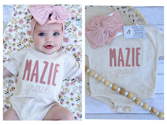Oatmeal Bubble-Romper With Mauve Applique