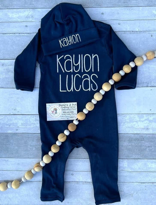 Navy embroidered romper and hat set